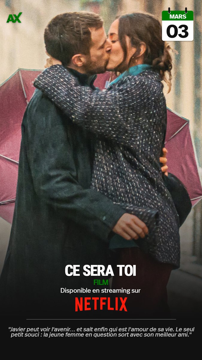 alxserix's tweet photo. Le film #CeSeraToi est dès maintenant disponible en streaming sur @NetflixFR.

"Javier peut voir l'avenir… et sait enfin qui est l'amour de sa vie. Le seul petit souci : la jeune femme en question sort avec son meilleur ami."

#Netflix https://t.co/kxSnwyEAaY