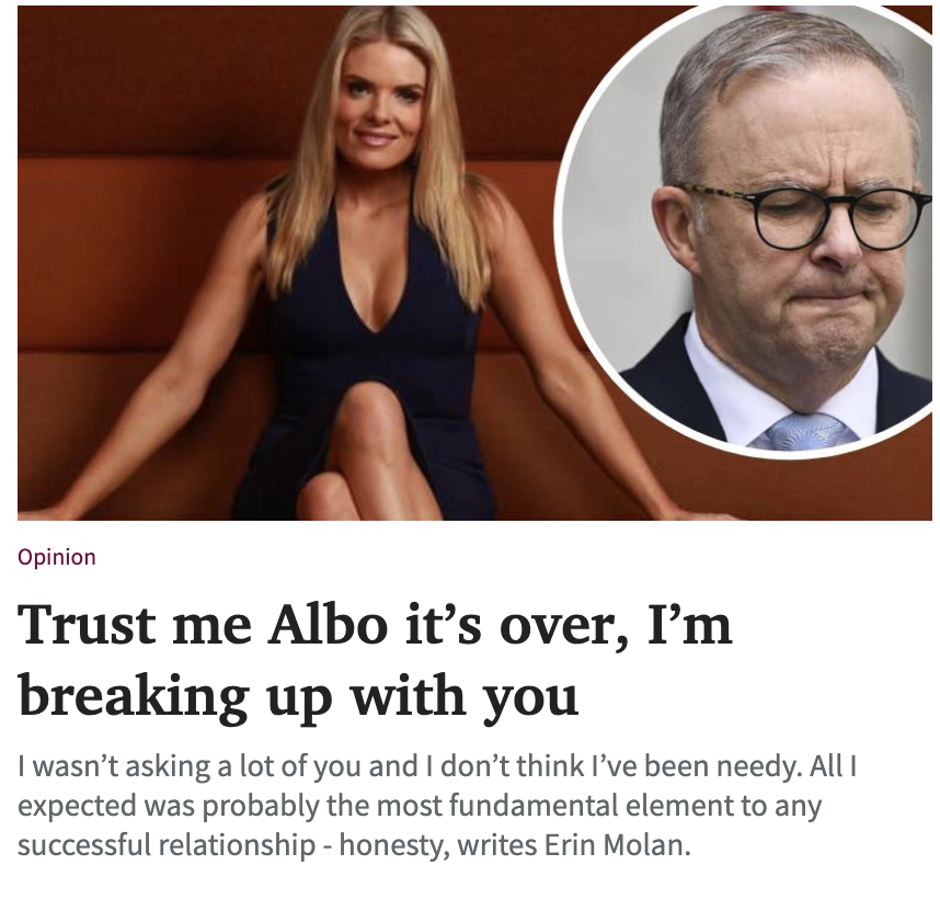 AusPolAlerts's tweet photo. "Dear Labor government,

I’m breaking up with you, and, yes, this is a little out of left field given we were never in a rock-solid committed relationship but let me explain...

https://t.co/MzQRrTyHV6 https://t.co/0jyogXe5gQ