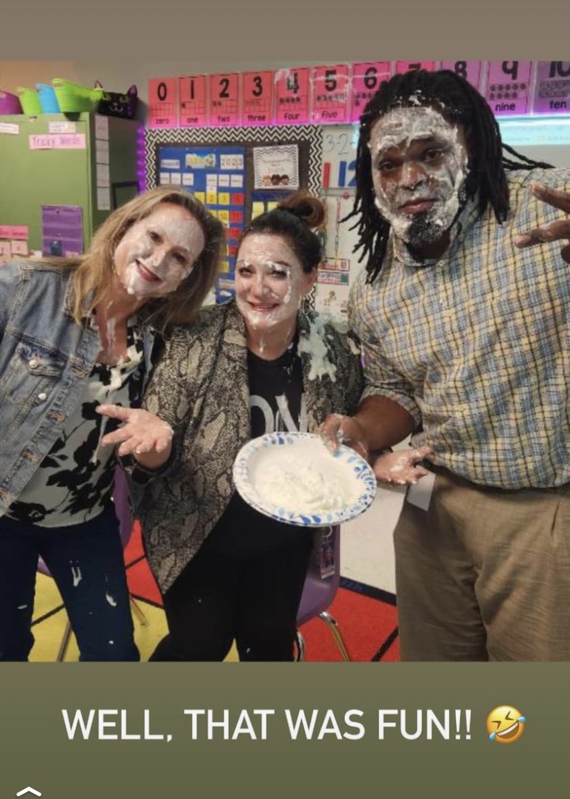 MrsMobley5's tweet photo. One of our kinder classes won the chance to throw pies in our faces!! We all had so much fun!! @DeerCreekElem  is our HAPPY PLACE!! 💙💙💙💙💙💙 https://t.co/w5KgtQxQ0y