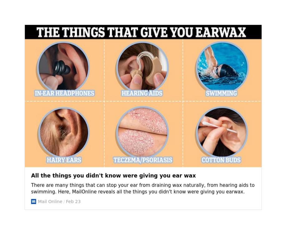 Here's a fascinating article from the Mail Online about the different causes of earwax build up. 

If you are curious to find out more about our earwax removal service, call the clinic on: 01568 610 610

dailymail.co.uk/health/article…