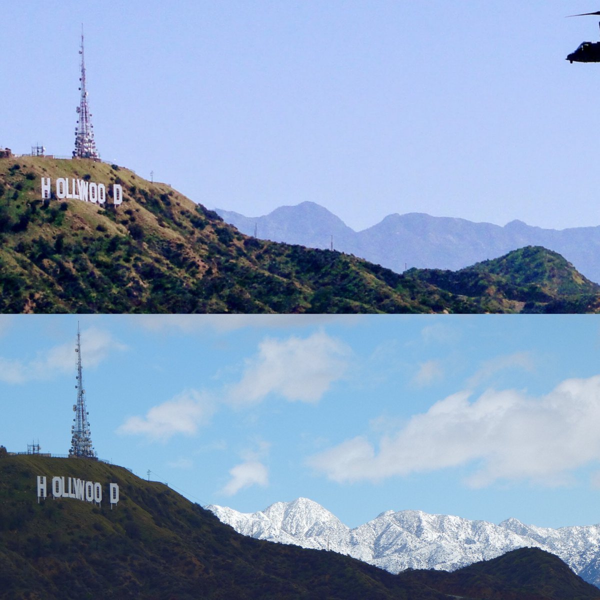 Before and after the winter storm in Los Angeles #LArain #HollywoodSign #LosAngeles #LAsnow
