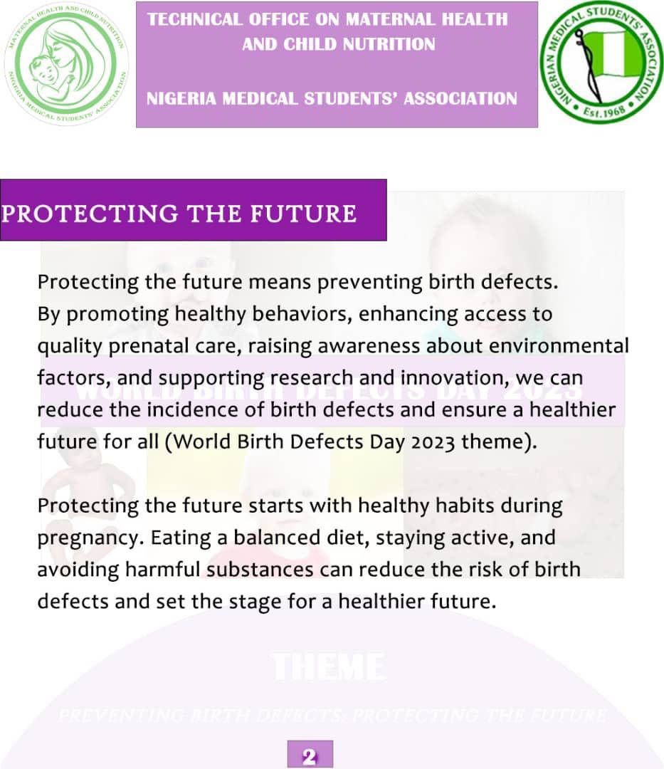 MHCN_NiMSA's tweet photo. The theme for 2023 world birth defects day: “Protecting the Future: Preventing Birth Defects.
World Birth Defects Day is a global observance that aims to raise awareness about birth defects and the measures that can be taken to prevent them.
#worldbirthdefectsday https://t.co/Dn3dKlqf2P