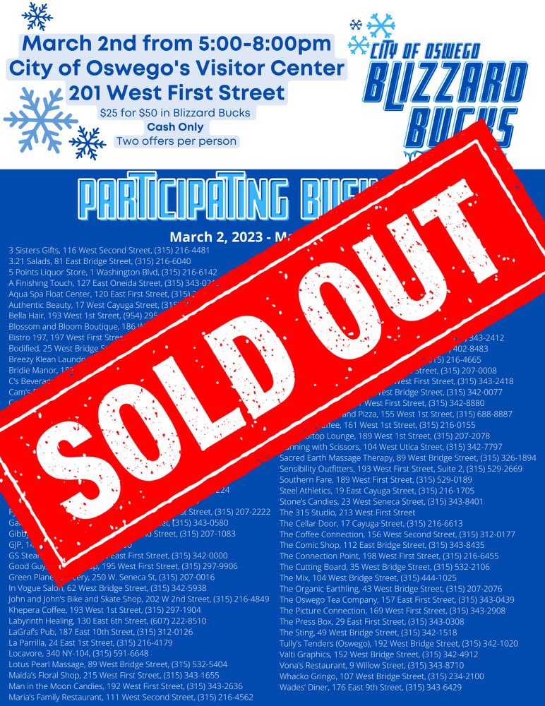 MayorBarlow's tweet photo. 🚨And just like that Blizzard Bucks are SOLD OUT. Thank you to everyone who supports this great program. Blizzard Bucks must be spent at a participating business by 3/16🚨 https://t.co/1oLcU0Uv8z