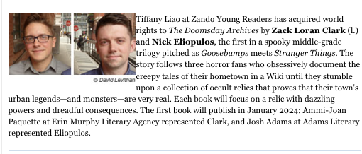BOO! @zackloranclark & @NickEliopulos' deliciously spooky DOOMSDAY ARCHIVES is @zandoprojects' first MG! Think Goosebumps for Gen Z, for kids as anxious about climate change as they are about the things that go bump in the night, brimming with heart, thrills & creepypastas🖤💀