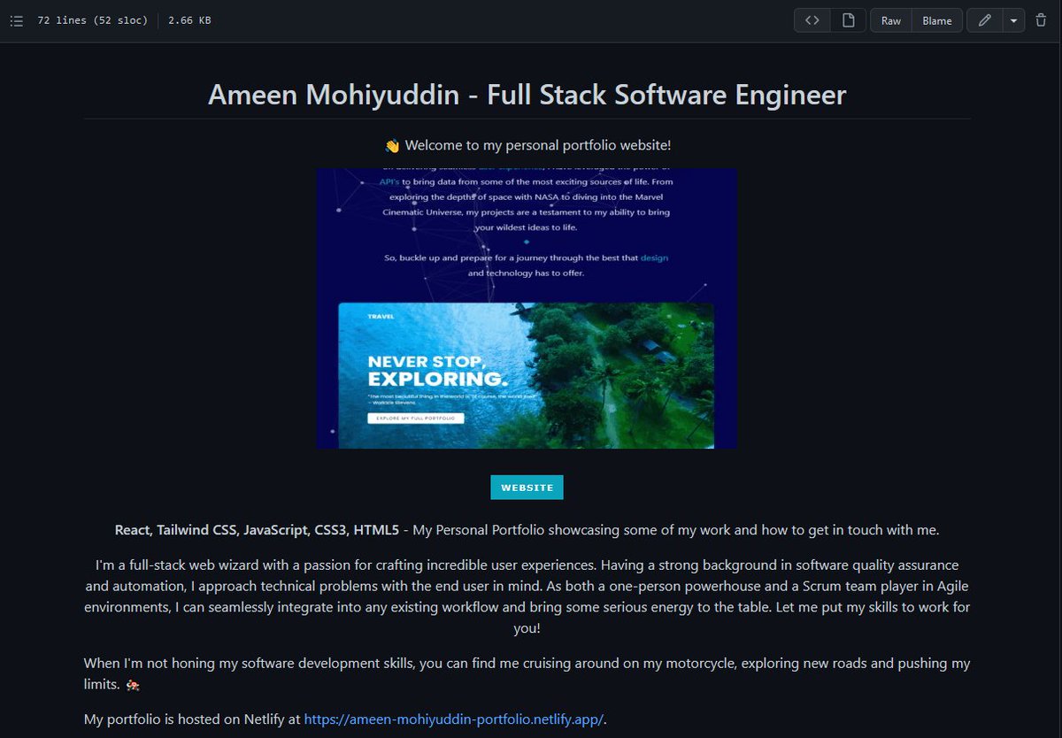 DevAmeenM's tweet photo. Just updated my portfolio #Github readme file.
 Check it out here 👉 https://t.co/cMgIrE4CJm 
#100Devs https://t.co/I2ra0exgeJ