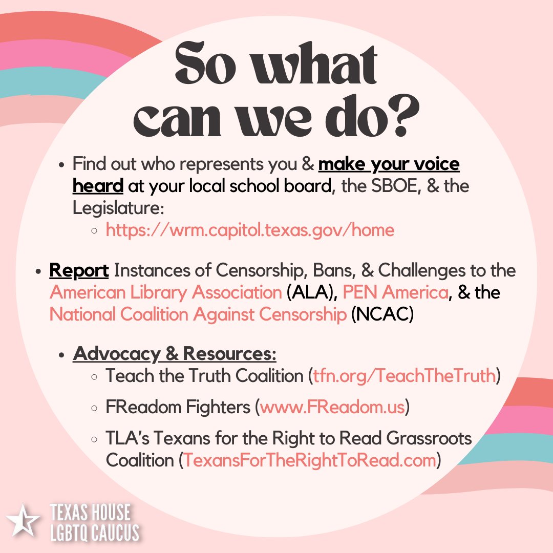 txlgbtqcaucus's tweet photo. #Texas banned more books in the 2021-2022 school year than any other state, most of which were LGBTQIA+ stories and stories about people of color. Join us today in taking action to combat book bans & fight educational censorship bills in the #TxLege. #BansOffBooks #TeachTheTruth https://t.co/YWFQdqmS5Q