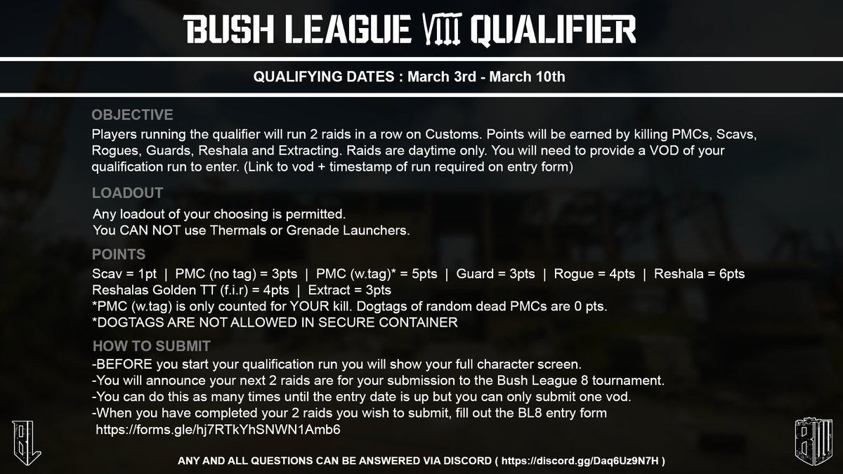 bushwookeefb's tweet image. Bush League VIII Qualification is now LIVE.
Join the discord for ALL tournament information.
DISCORD : discord.gg/Daq6Uz9N7H

@bstategames @tarkov @Sicario_eSports @ElliottAsAlways 
#escapefromtarkov #bushleague