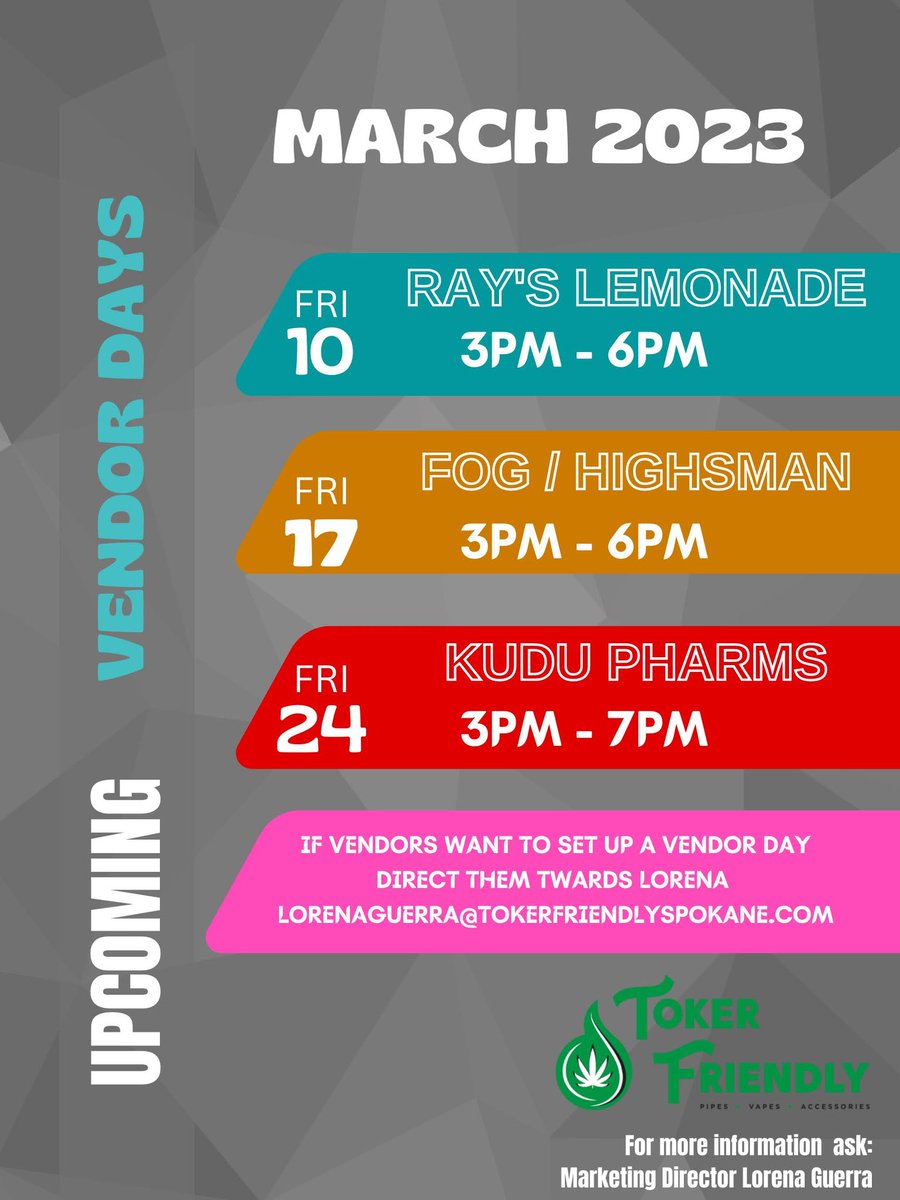 TokerFriendlyWA's tweet photo. Vendor days for March!! https://t.co/ECFgP0sI3K