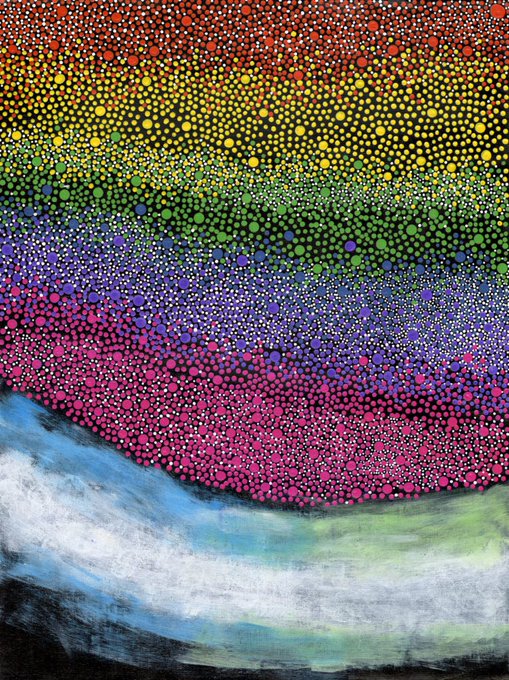 Image of a painting made up of many small dots arranged in bands of colour (from top to bottom: red, yellow, green, purple, pink) and a band of blue, white and black smooth brushtrokes at the bottom.