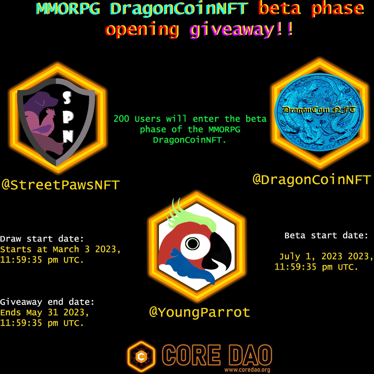 Don't miss the opportunity to be one of the first to enter the beta phase of the MMORPG DragonCoinNFT and support animal shelters at the same time! 

1⃣Collection #2 <a href="/DragonCoinNFT/">DragonCoinNFT</a>  > app.youngparrotnft.com/core/launchpad…

2⃣Collection <a href="/StreetPawsNFT/">Street Paws NFT</a> > app.youngparrotnft.com/core/launchpad…