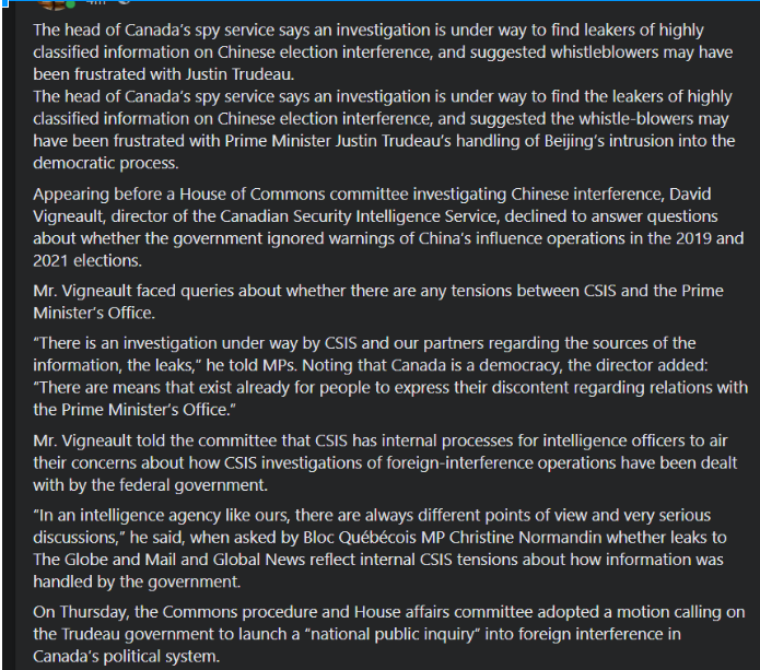 Elon1reeve96's tweet photo. INFURIATING
The head of Canada’s spy service says an investigation is under way to find leakers of highly classified information on Chinese election interference, and suggested whistleblowers may have been frustrated with Justin Trudeau. https://t.co/wmJ25LJqZs