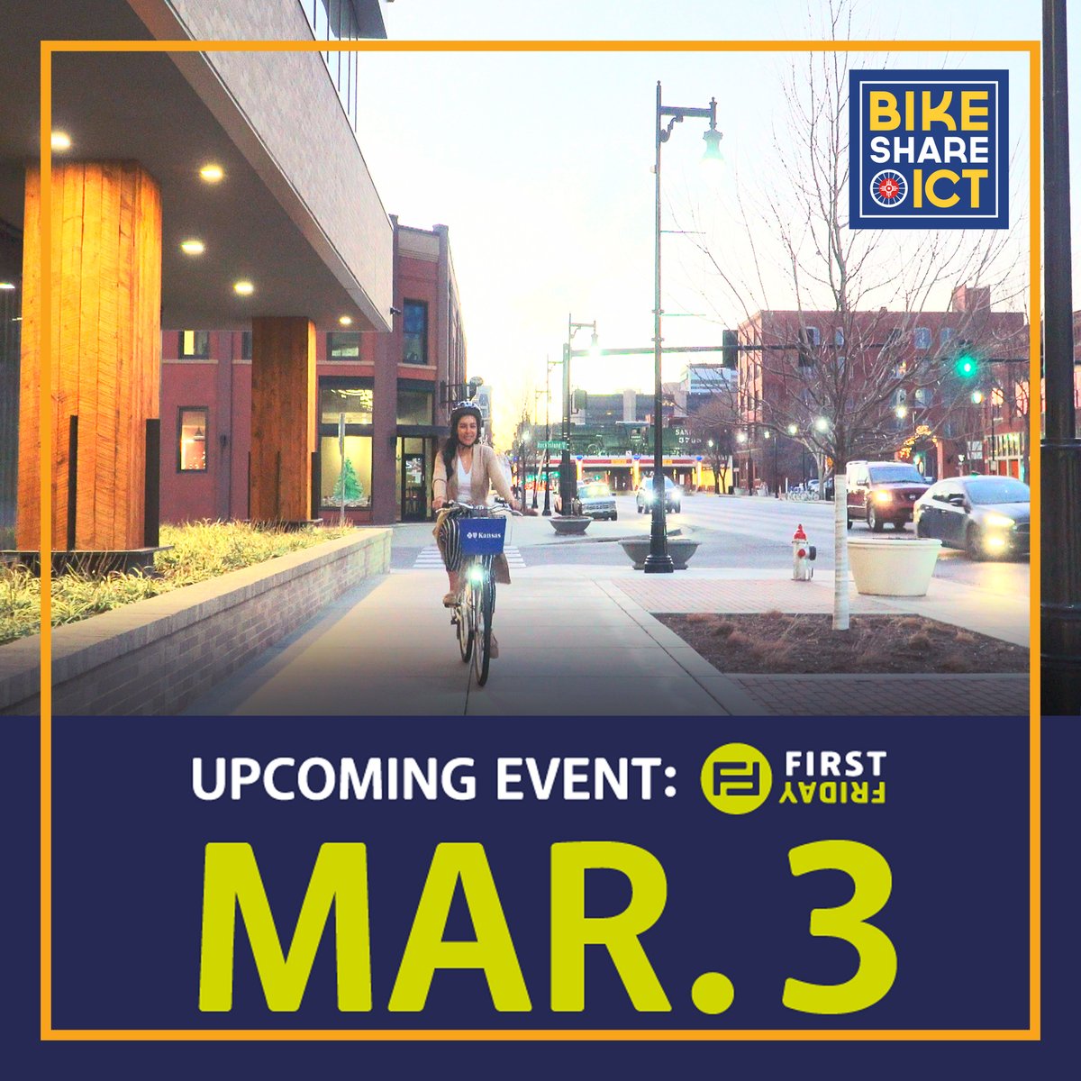 BikeShareICT's tweet photo. First Friday is this Friday!  
Get your Membership loaded so you can move around &amp; get around on a Bike Share ICT bike!  #enjoytheride  
Get your Membership here: https://t.co/hONtaxrAIi  
Learn more about First Friday events &amp; exhibitions here:  https://t.co/Tm5oTwaJ2p https://t.co/w4tj3fIhmE