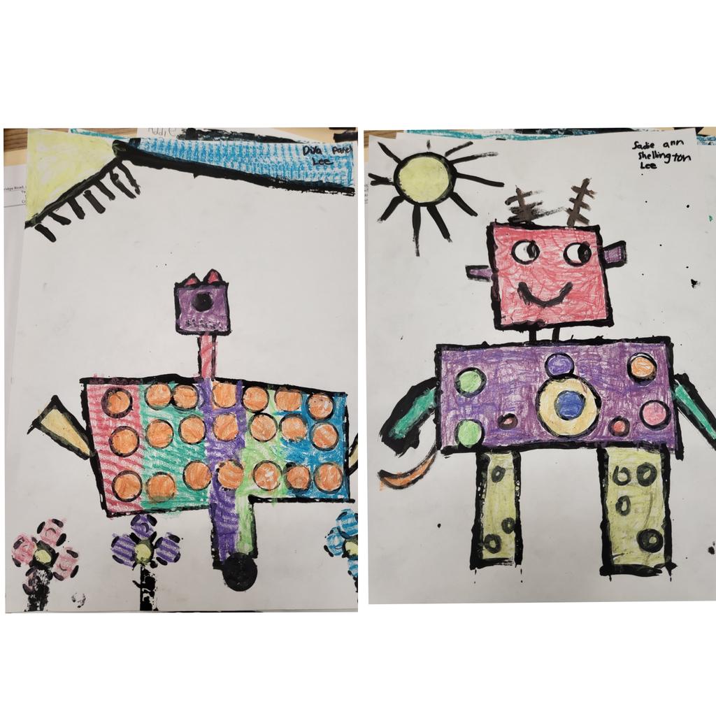 Npesart's tweet photo. @MissLeesCircus Miss Lee's class is so creative! They stamped their robots using found objects and use texture plates and crayon rubbing to add texture and color! https://t.co/4dA4bLEdbL