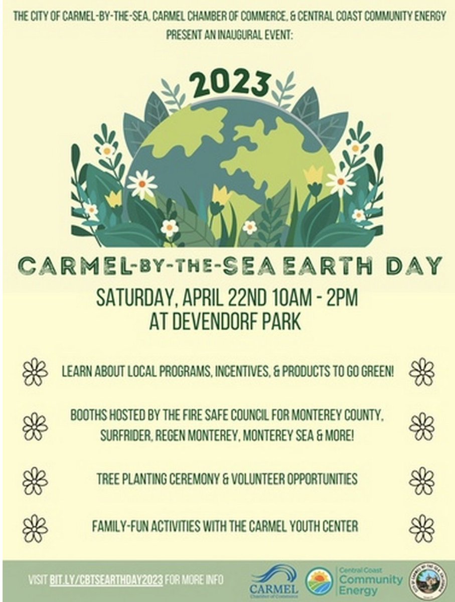 The City of Carmel-by-the-Sea, Carmel Chamber of Commerce, and Central Coast Community Energy present an inaugural event: Carmel-by-the-Sea Earth Day. Come on out and learn about local programs, incentives, and products to go green. #EarthDay <a href="/MontereyHerald/">Monterey Herald</a> <a href="/montereychamber/">Monterey Peninsula Chamber of Commerce</a>