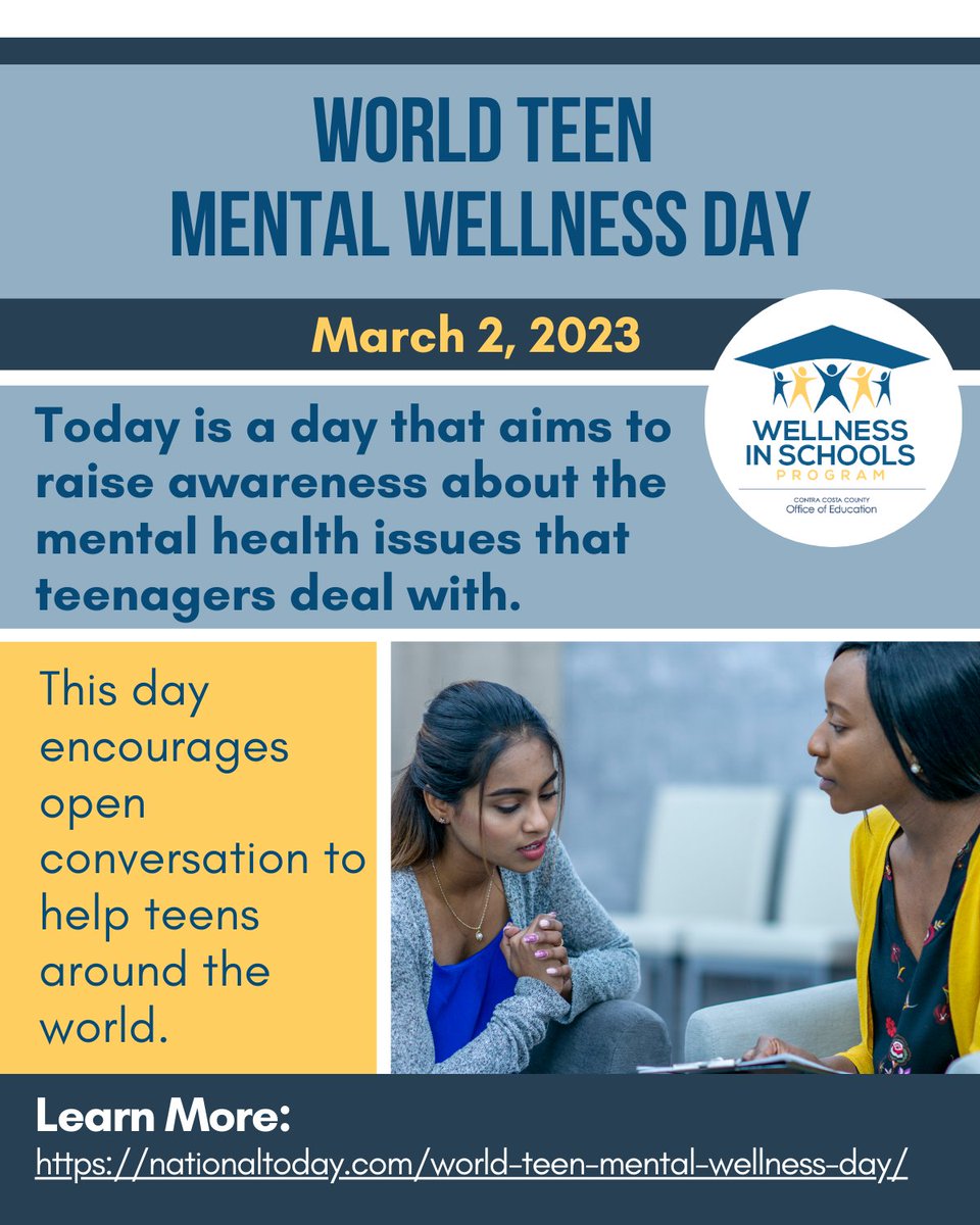 Today is World Teen Mental Health Awareness Day. Open conversations w/ teens can be difficult, but our WISP Department reminds us that these conversations are essential. Resources about World Teen Mental Health Awareness Day are at: nationaltoday.com/world-teen-men…
#WellnessInSchools
