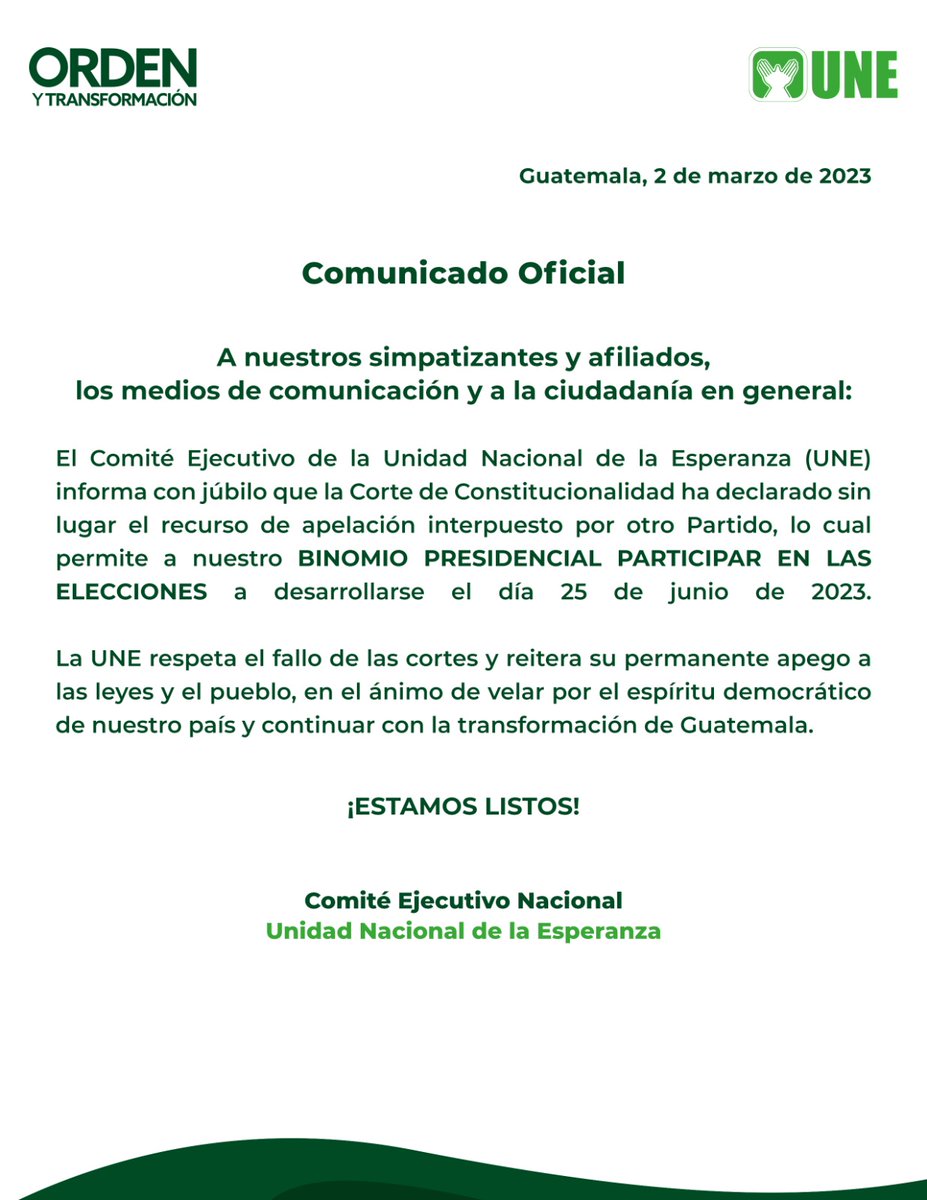 UNECHISEC's tweet photo. ¡Nuestro binomio está listo! ✅ 

Unidos llevaremos #OrdenYTransformación a toda #Guatemala. 💚👐

Art. 20, literal h) LEyPP. https://t.co/DiH3M7LaIx
