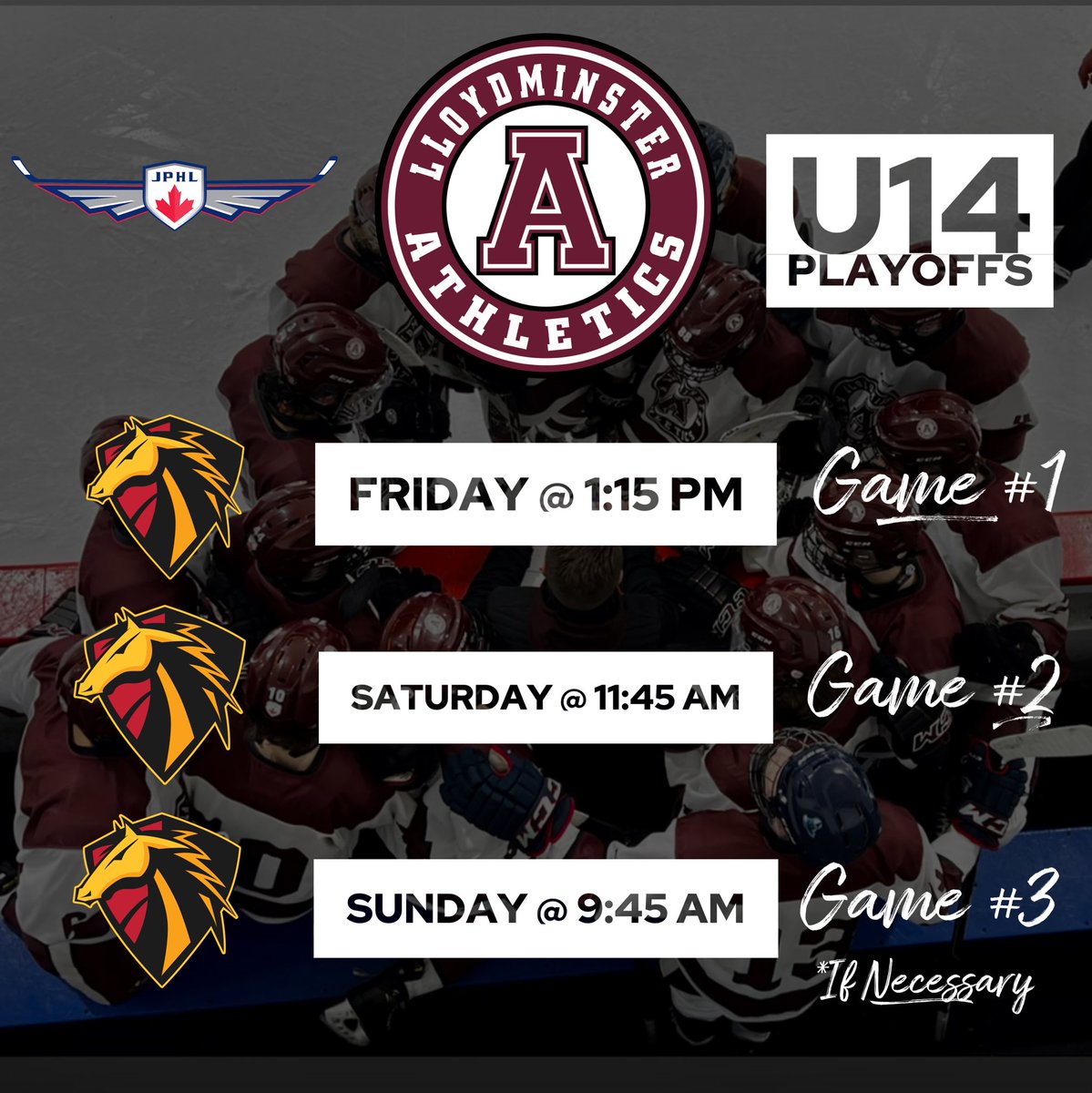 It’s the best time of the year… 
PLAYOFF TIME! 👷‍♂️🏒

The U18’s and U14’s both head to Calgary this weekend as the playoff push begins Friday for both squads! 

Wish them luck as they begin Round 1 of the JPHL playoffs! 🚨

#AthleticsHockey #U18 #U14 #PlayoffPush