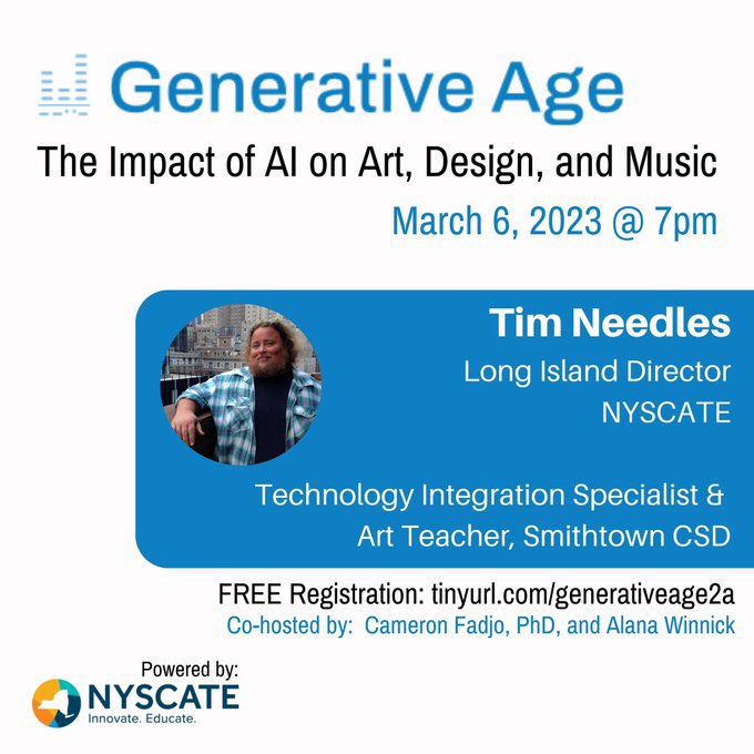 Join us on Monday 3/6 at 7pm EST to talk about the impacts of #AI in the #arts, design, music & #education in @NYSCATE's FREE event w/ @CameronFadjo @AlanaWinnick & I: tinyurl.com/generativeage2a
 #AIinEDU #edtech #edtechchat #twitteredu #edchat #edutwitter #AIineducation #artsed