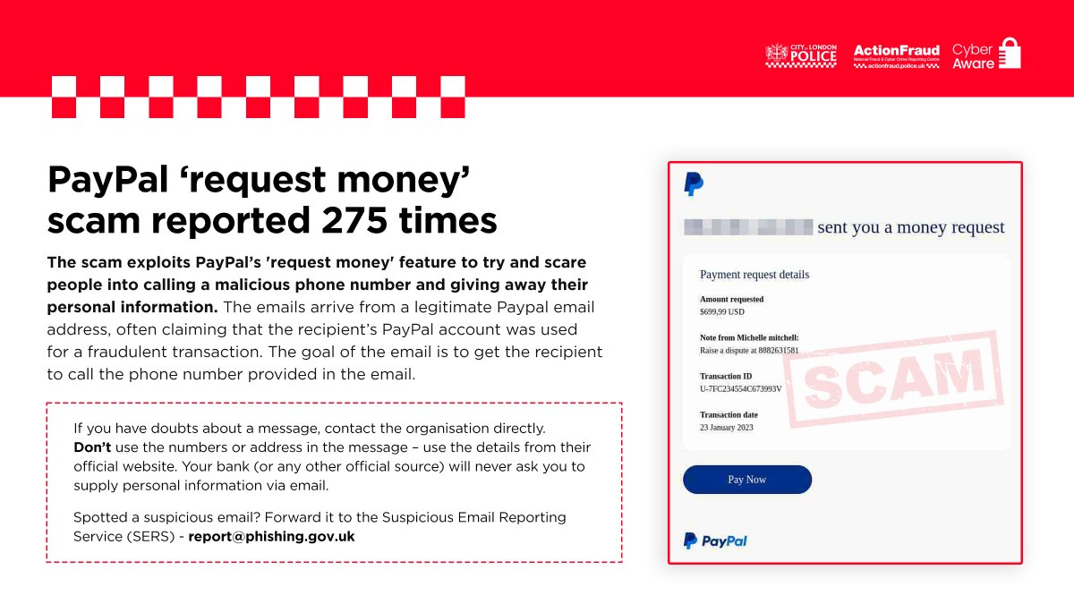 Action Fraud (@actionfrauduk) on Twitter photo ⚠️Watch out for this PayPal scam!
✅You can report suspicious emails by forwarding them to: report@phishing.gov.uk
ℹ️For advice on how to spot a PayPal email scam, visit: paypal.com/tc/webapps/mpp…
#PhishyFriday #CyberProtect ⚠️Watch out for this PayPal scam!
✅You can report suspicious emails by forwarding them to: report@phishing.gov.uk
ℹ️For advice on how to spot a PayPal email scam, visit: paypal.com/tc/webapps/mpp…
#PhishyFriday #CyberProtect
