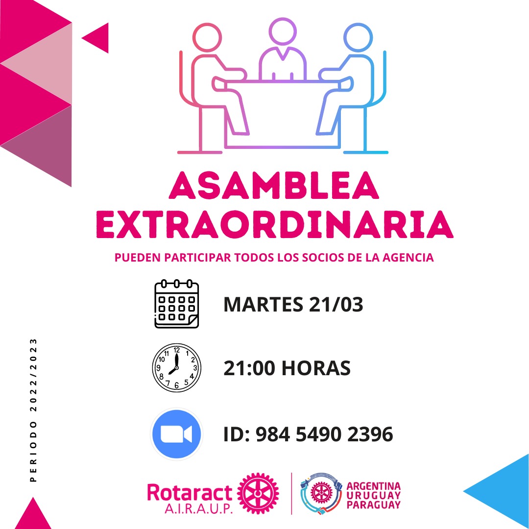 ⚠️ IMPORTANTE ⚠️
Se llevará a cabo una Asamblea Extraordinaria en donde cualquier socio de la Agencia puede participar! 

Se realizará el día martes 21/03 a las 21 horas vía Zoom, por lo que pueden participar de manera online 💥

¡Sumate!