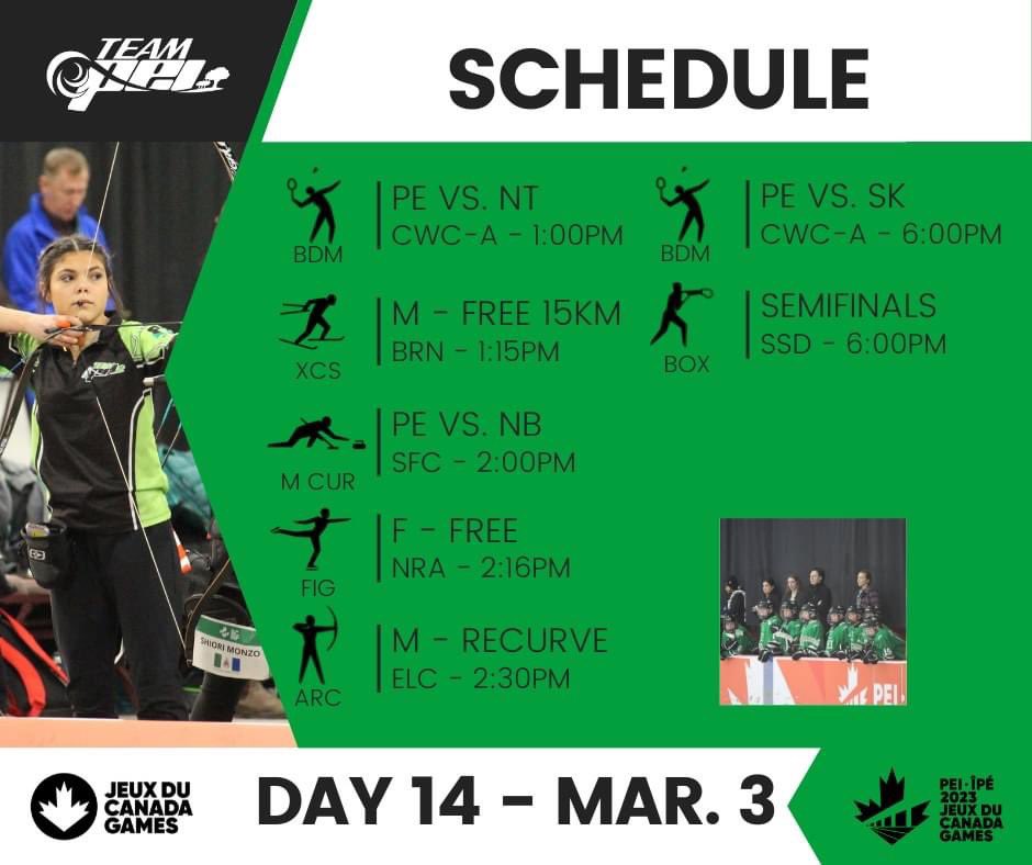 Team_PEI's tweet photo. Here's our schedule for tomorrow March 3rd!
Only 3 days left before the closing ceremonies!
#IsleBeReady https://t.co/bERHQOFMQH