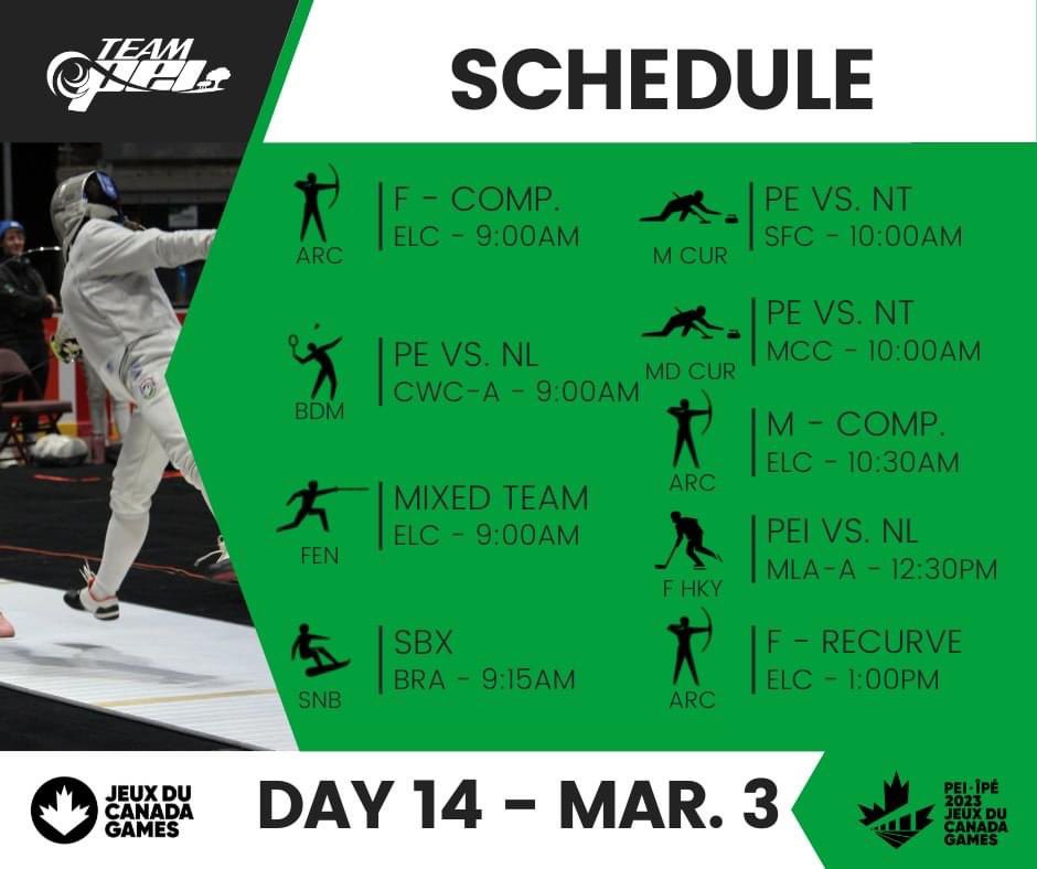 Team_PEI's tweet photo. Here's our schedule for tomorrow March 3rd!
Only 3 days left before the closing ceremonies!
#IsleBeReady https://t.co/bERHQOFMQH