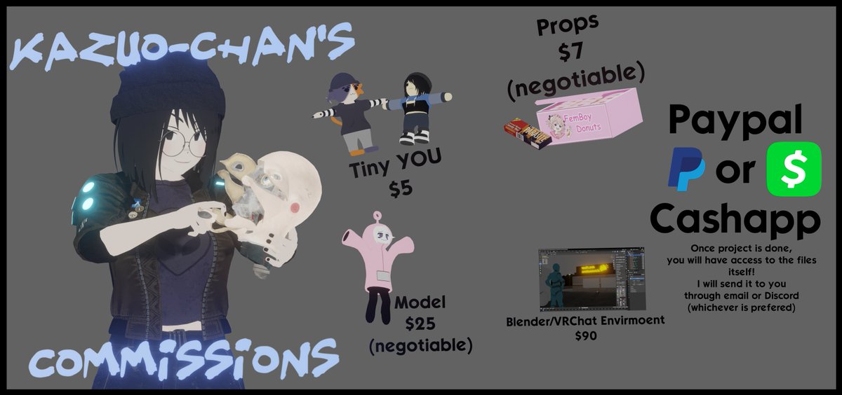 Updated commission sheet! I'm not great at making things, but I'm improving as I progress! Feel free to message me on here or on Discord!
-
#Blender3D #3DArtist #VRChat #VRChat_world紹介 #VRChatワールド紹介 #VRChat始めました #VRChat_트친소 #CommissionsOpen #Unity3D #Unity