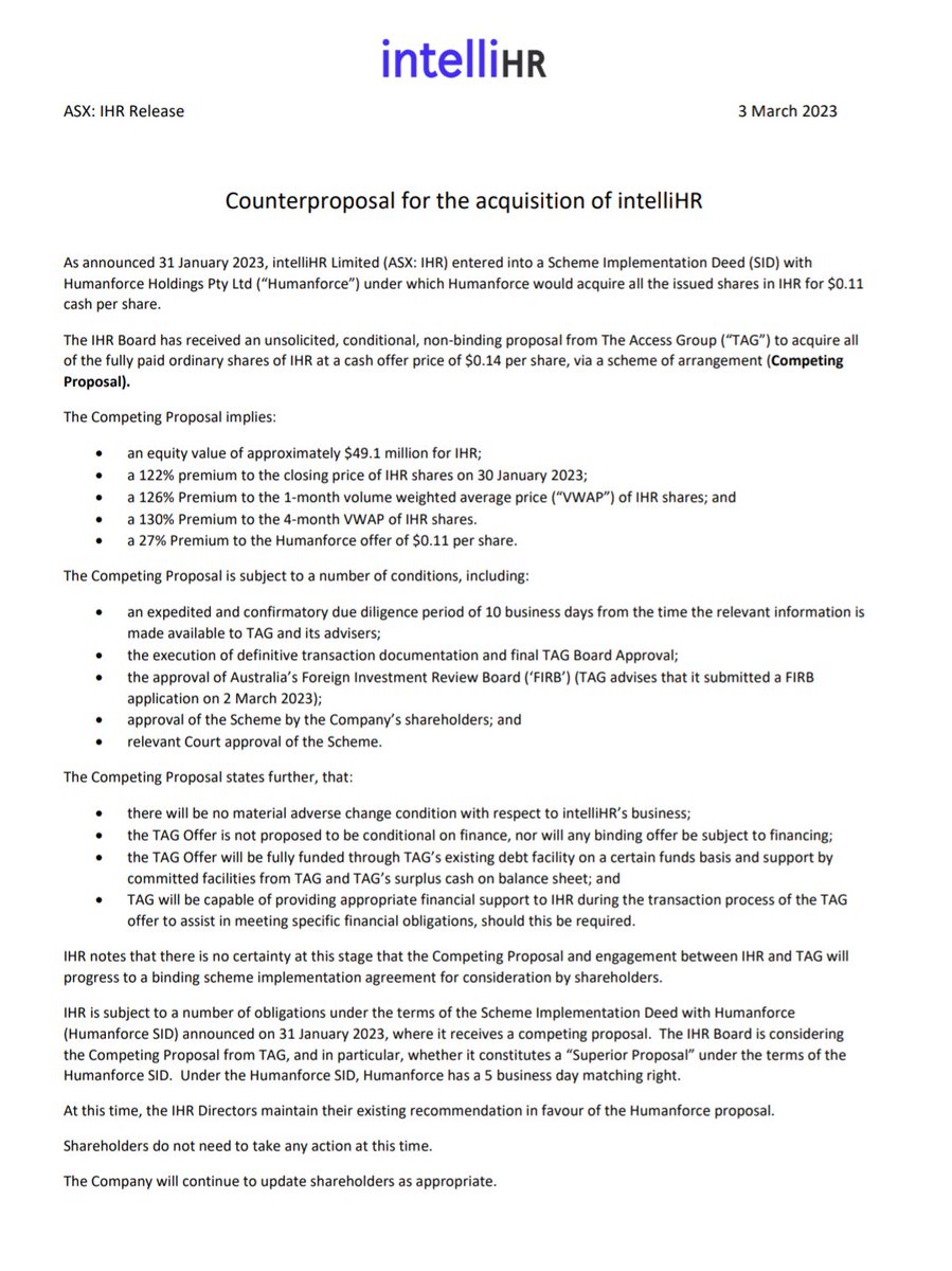 Wow, <a href="/AccessGroupANZ/">The Access Group</a> didn't want <a href="/HumanforceHQ/">Humanforce - Work easier. Live better.</a> getting @intellippl too cheap and have made an alternate, higher offer:
#HR #HRTech