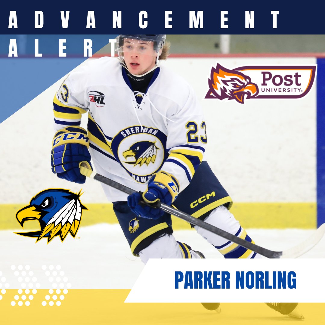 Sheridan Hawks forward Parker Norling committed to play for the Post University Eagles.  Post University, Waterbury, CT, is an NCAA DII school whose men’s ice hockey program plays in the the Northeast-10 Conference, the only Division II collegiate hockey conference in the US.