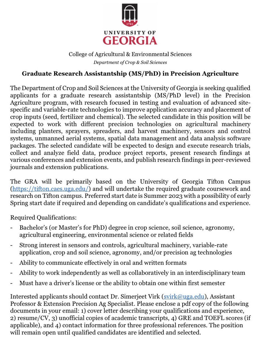 AU Precision Ag (@au_precisionag) on Twitter photo We are still looking for a good candidate for this MS/PhD position in <a href="/CropSoilUGA/">CropSoilUGA</a> at <a href="/UGATifton/">UGA Tifton</a> campus. Great opportunity to work with #sitespecific technologies for #precisionapplication of crop inputs. Both Summer and Fall 2023 start options available!! We are still looking for a good candidate for this MS/PhD position in <a href="/CropSoilUGA/">CropSoilUGA</a> at <a href="/UGATifton/">UGA Tifton</a> campus. Great opportunity to work with #sitespecific technologies for #precisionapplication of crop inputs. Both Summer and Fall 2023 start options available!!