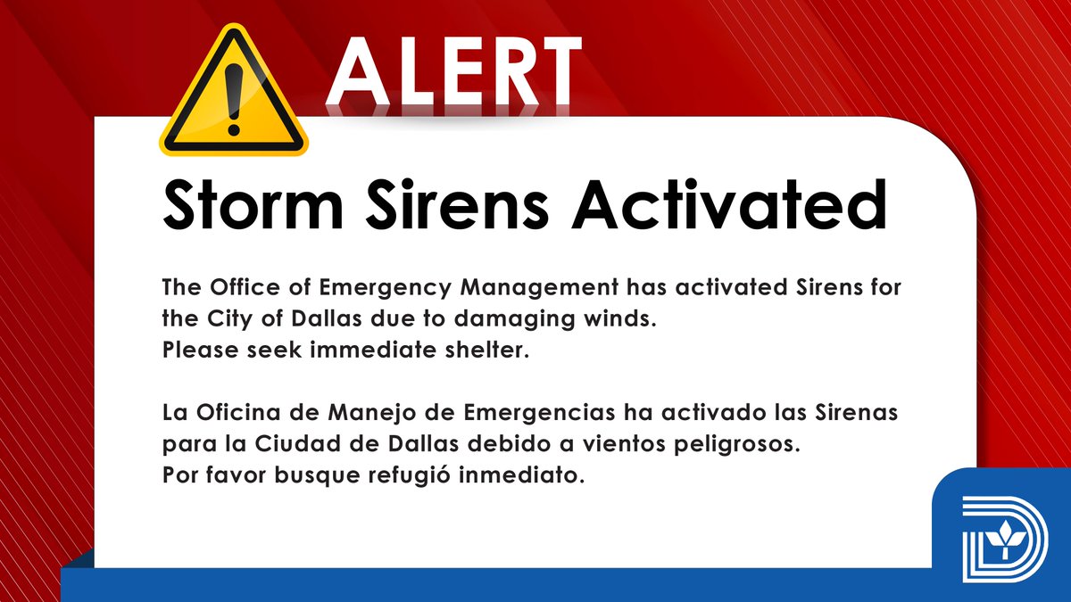 CityOfDallas's tweet photo. 🚨The Office of Emergency Management has activated Sirens for the City of Dallas due to damaging winds. Please seek immediate shelter.  🚨 https://t.co/LdXcae9Cdl