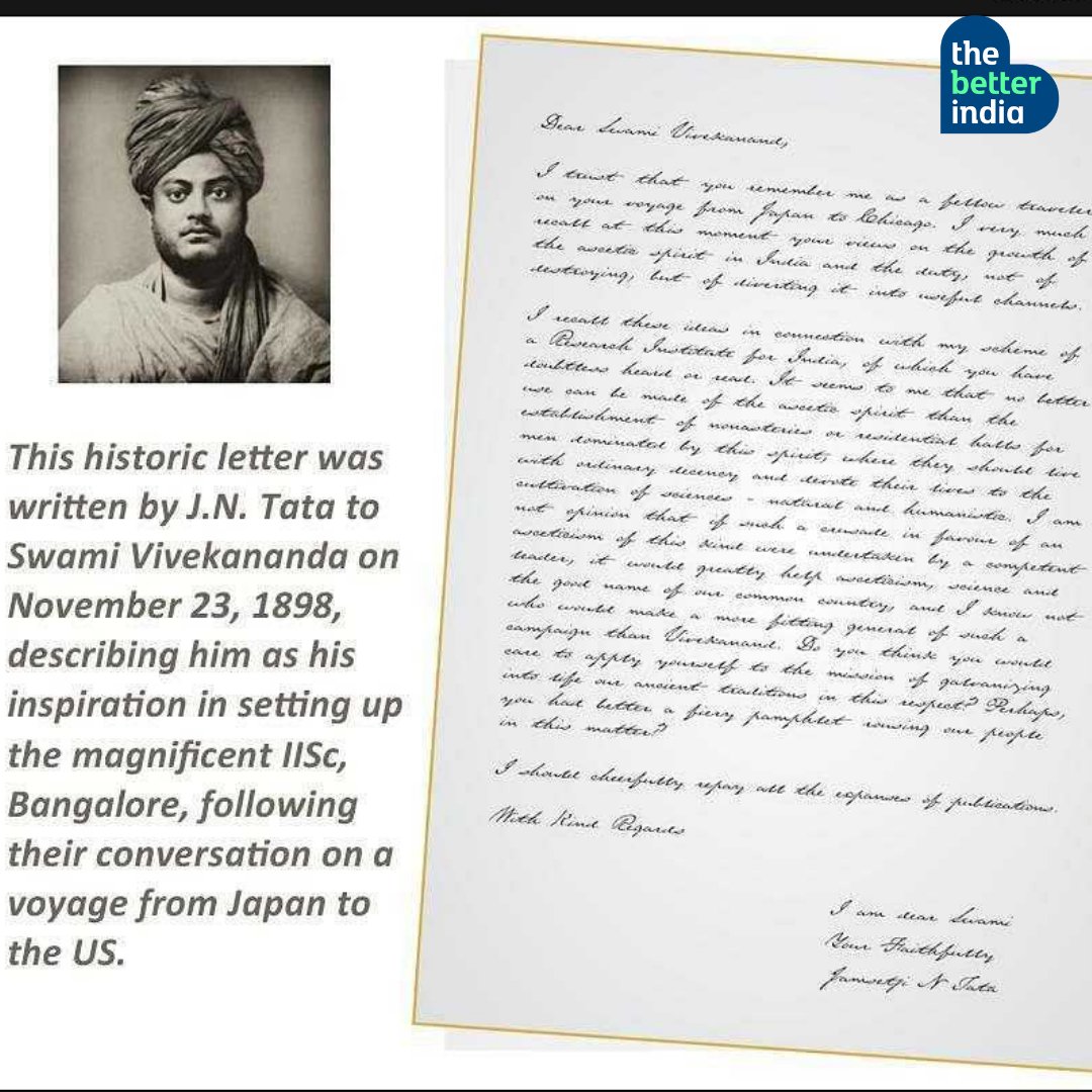 #JamsetjiTata
The year was 1893. On May 31, aboard a steamer that sailed from Yokohama to Vancouver, two great Indians met for the first time.
This meeting is the reason behind this letter.

And here is the story: thebetterindia.com/.../swami-vive…