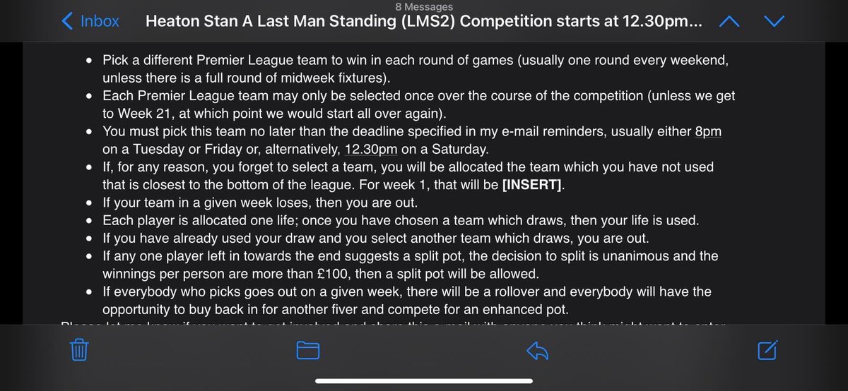 New Last Man Standing comp starts at 1230 Saturday. £5 per entry with £2.50 each to prize pot and club. Rules are set out below, but in short, you pick a different prem team to win each week. 1 draw allowed, but second means you out. Let me know if you want in please. Thanks