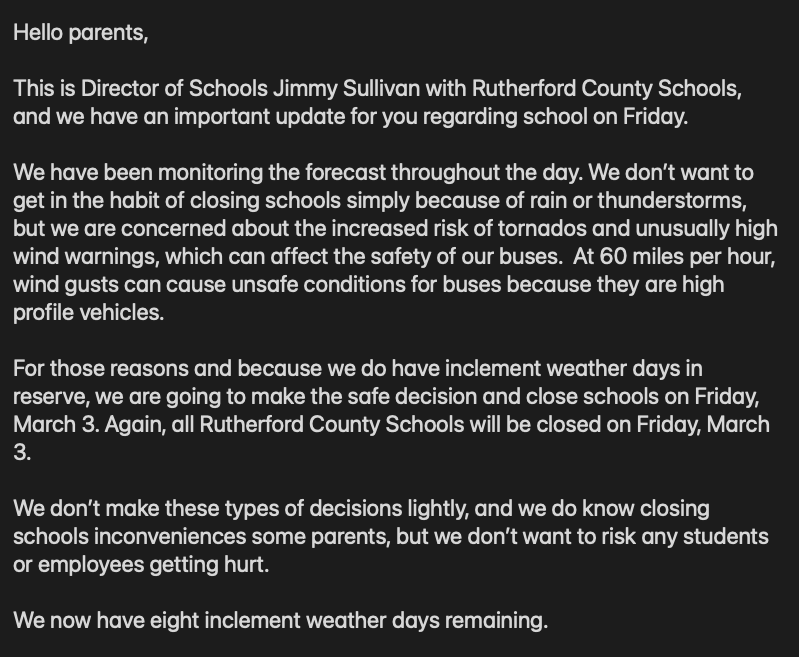 Rutherford County Schools will be closed Friday, March 3, 2023. See full message below.