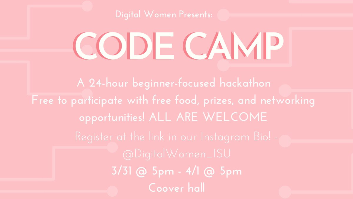 DigitalWomenISU's tweet photo. Remember to Sign Up for Code Camp!
https://t.co/yYx86S60ao
**You do not have to stay for the whole 24 hours! https://t.co/COeXlPc0QG