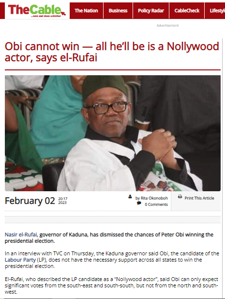 To make it obvious whose doing all this really is, the story then made a completely unrelated and unnecessary mention of my support for Peter Obi - a known political enemy of Nasir El-Rufai - describing him as a 'populist politician.' How was this relevant to the story?