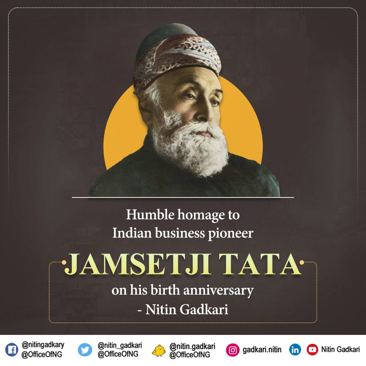 nitin_gadkari's tweet photo. Humble homage to Indian business pioneer Jamsetji Tata on his birth anniversary. https://t.co/IKubRxgXgC