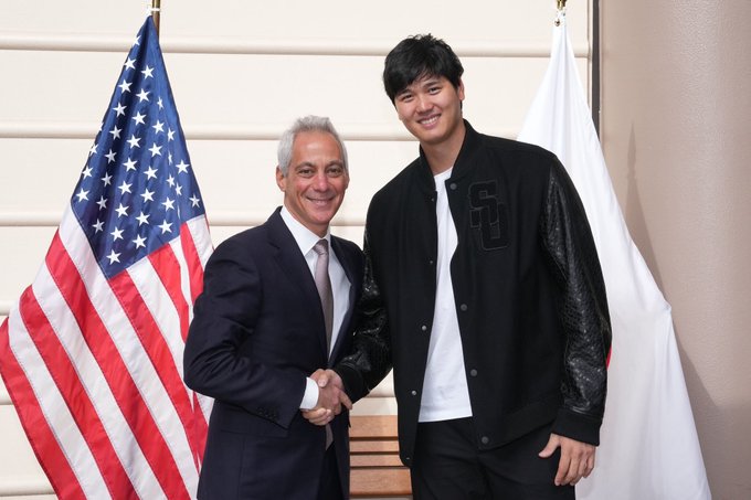 U.S. Ambassador to Japan Rahm Emanuel greets Angels baseball star Shohei Ohtani at the U.S. Embassy in Tokyo on March 3, 2023.