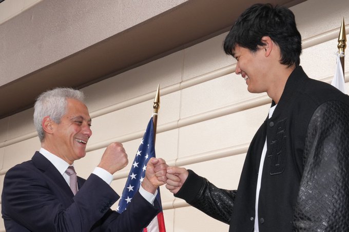 U.S. Ambassador to Japan Rahm Emanuel greets Angels baseball star Shohei Ohtani at the U.S. Embassy in Tokyo on March 3, 2023.