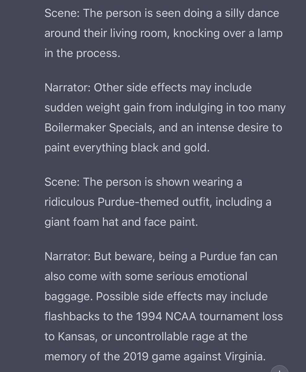 BoilerPaulie's tweet photo. In case you’re wondering what happens if you ask ChatGPT to make a March Madness-themed pharmaceutical commercial for #Purdue fans… well, uh, here it is. https://t.co/H0TFEMH8rX