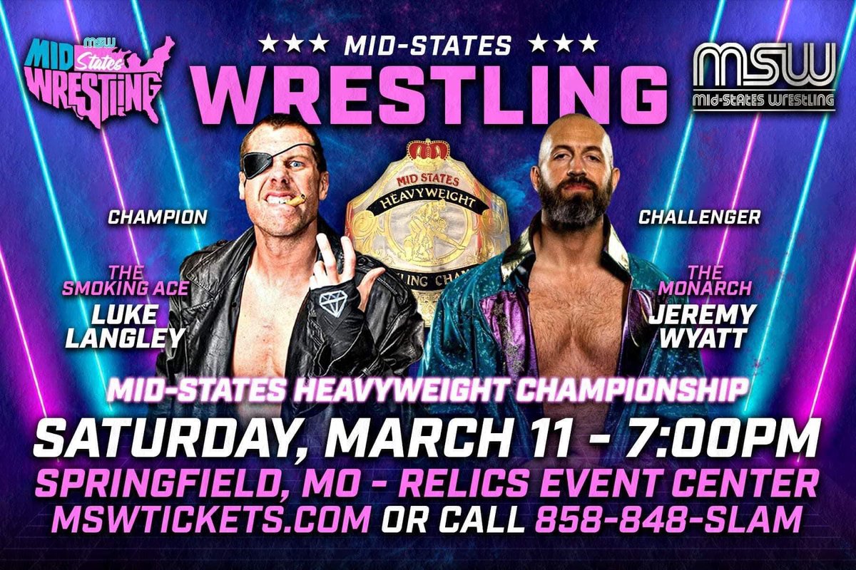 Saturday March 11th Springfield Missouri. “The Smoking Ace” Luke Langley will defend his Mid-States Wrestling Heavyweight Championship against “The Monarch” Jeremy Wyatt. Get your tickets now at mswtickets.com &amp; Premier Pawn locations 
#midstateswrestling #prowrestling