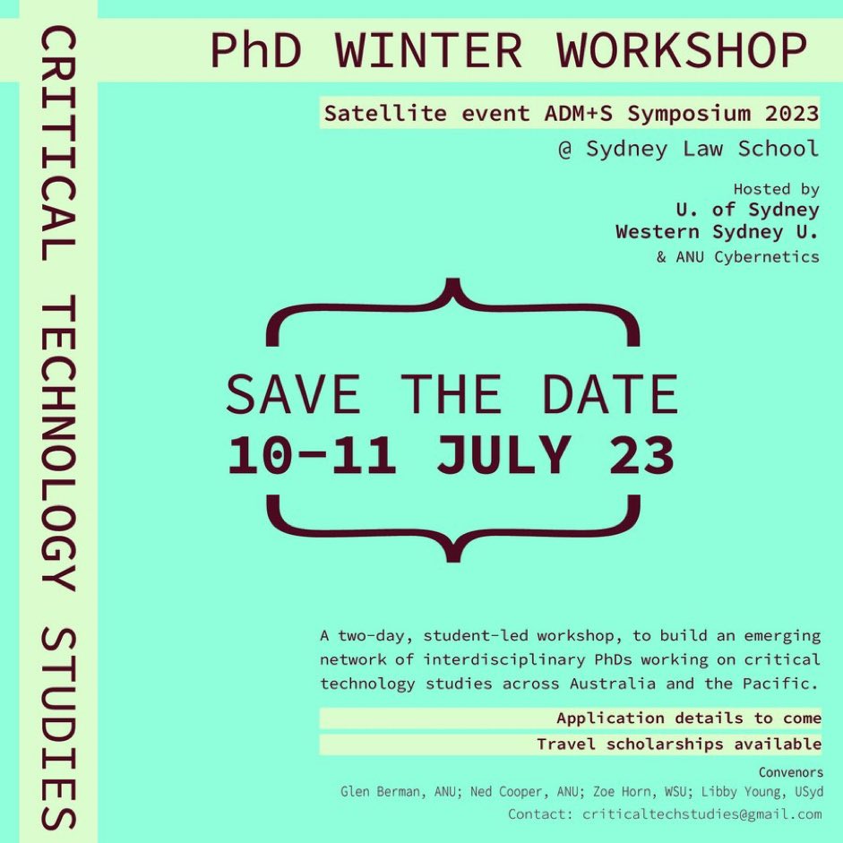 Libby Young (@younglibbyj) on Twitter photo If you’re a PhD in Australia & the Pacific researching technologies in critical ways, save the date for our workshop! Many of us recognise the challenges in this space are immense and need our collective efforts. Come help build a network and map our work <a href="/nedcpr/">Ned Cooper</a> <a href="/glenberman/">Glen Berman</a> If you’re a PhD in Australia & the Pacific researching technologies in critical ways, save the date for our workshop! Many of us recognise the challenges in this space are immense and need our collective efforts. Come help build a network and map our work <a href="/nedcpr/">Ned Cooper</a> <a href="/glenberman/">Glen Berman</a>