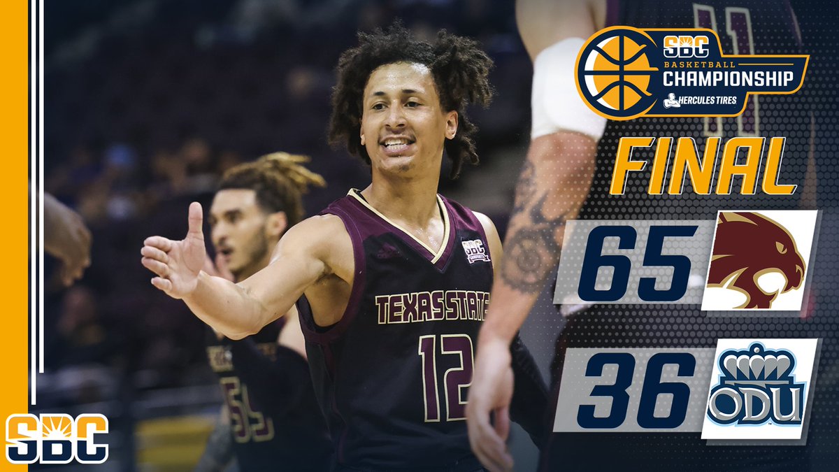 𝗦𝗧𝗔𝗧𝗘-𝗠𝗘𝗡𝗧 𝗪𝗜𝗡. @MasonHarrell12 drops a game-high 20 points to lead 11th-seeded @TXStateMBB into the @HerculesTires #SunBeltMBB quarterfinal round, defeating sixth-seeded @ODU_MBB. ☀️ 🏀 Final score presented by @jerseymikes.