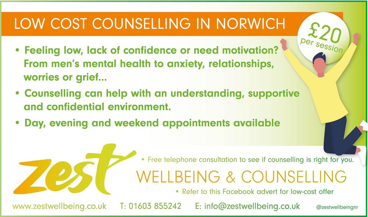 Low-cost counselling in Norwich.
Is it time to talk? Contact us for a free telephone consultation.
• Men's mental health • Anxiety • Relationships • Worries
zestwellbeing.co.uk
#norwich #counselling #therapy #mentalheath #psychotherapy #mensmentalhealth
