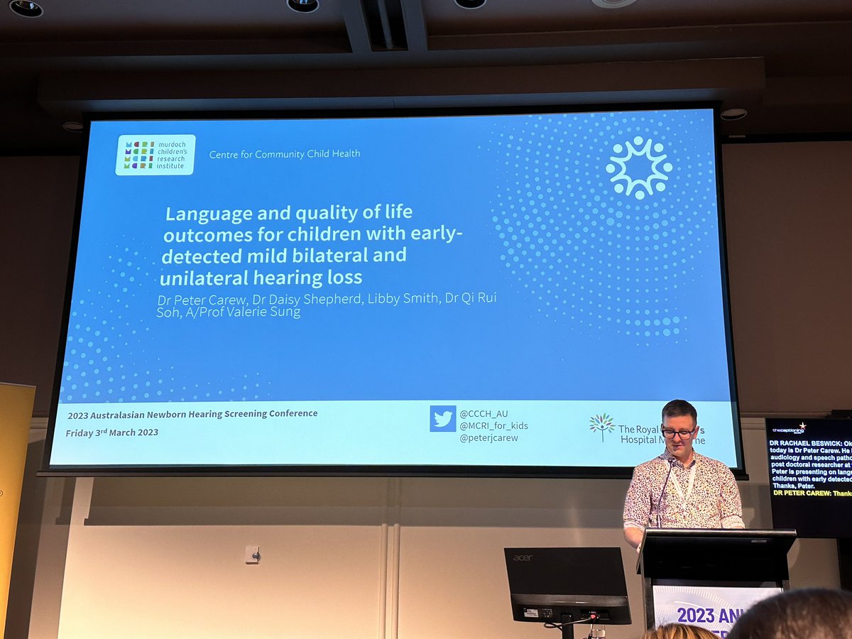sung_valerie's tweet photo. Dr Peter Carew discussing language &amp; quality of life outcomes of children with mild/unilateral #hearingloss. Data from #VicCHILD our statewide hearing databank @MCRI_for_kids @CCCH_AU #2023anhs https://t.co/QbL8AiM6B3
