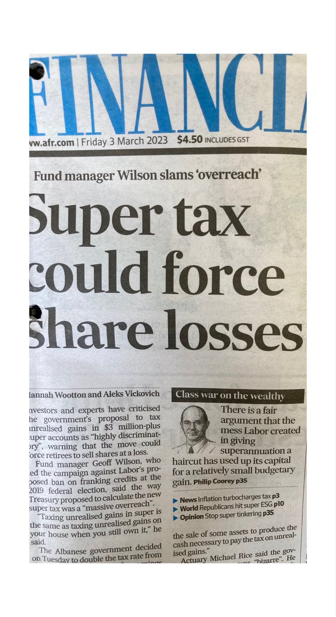 .@PhilCoorey on a #super frolic of his own, scaremongering re: taxation of “unrealised” gains, notional until crystallised, Phil. Why would Treasury depart from current method of taxing crystallised gains (utilised for CGT)? Or carrying forward Losses? Uniformity Phil.
