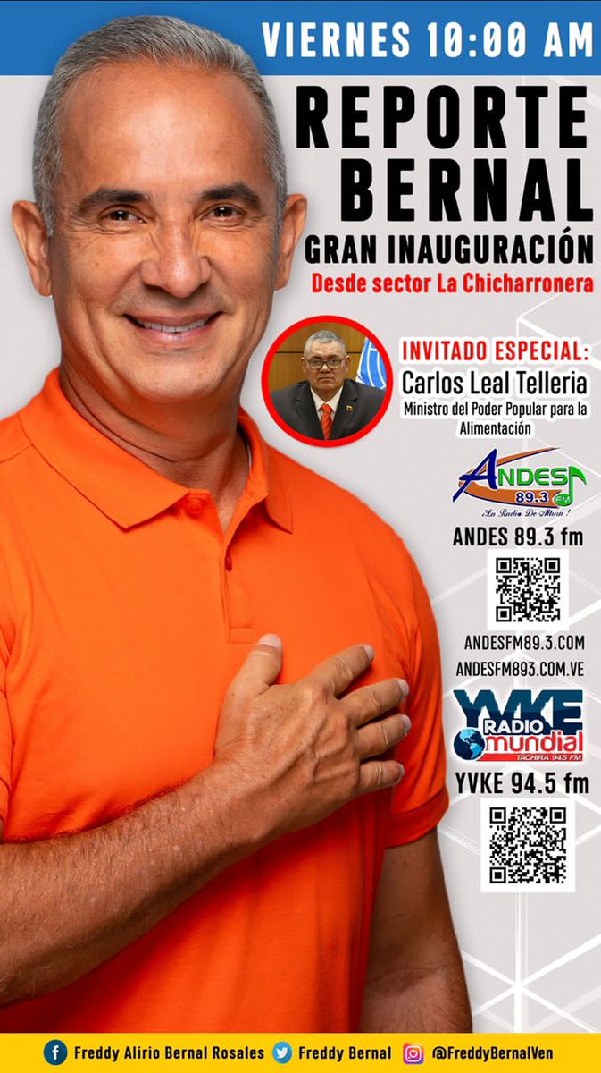 📻 Viernes de #ReporteBernal por  <a href="/YvkeTachira/">Yvke Tachira</a> 94.5FM, conducido por <a href="/FreddyBernal/">Freddy Bernal</a> Gobernador del Táchira. No te lo pierdas, invitado especial 🎙️ #CarlosLealTelleria Ministerio del Poder Popular para la Alimentación.

<a href="/MinAlimenVen/">minalimentacion_ve</a>
<a href="/LealTelleria/">M/G Carlos Leal Tellería</a>
<a href="/Gob_Tachira/">Gobernación del estado Táchira</a>