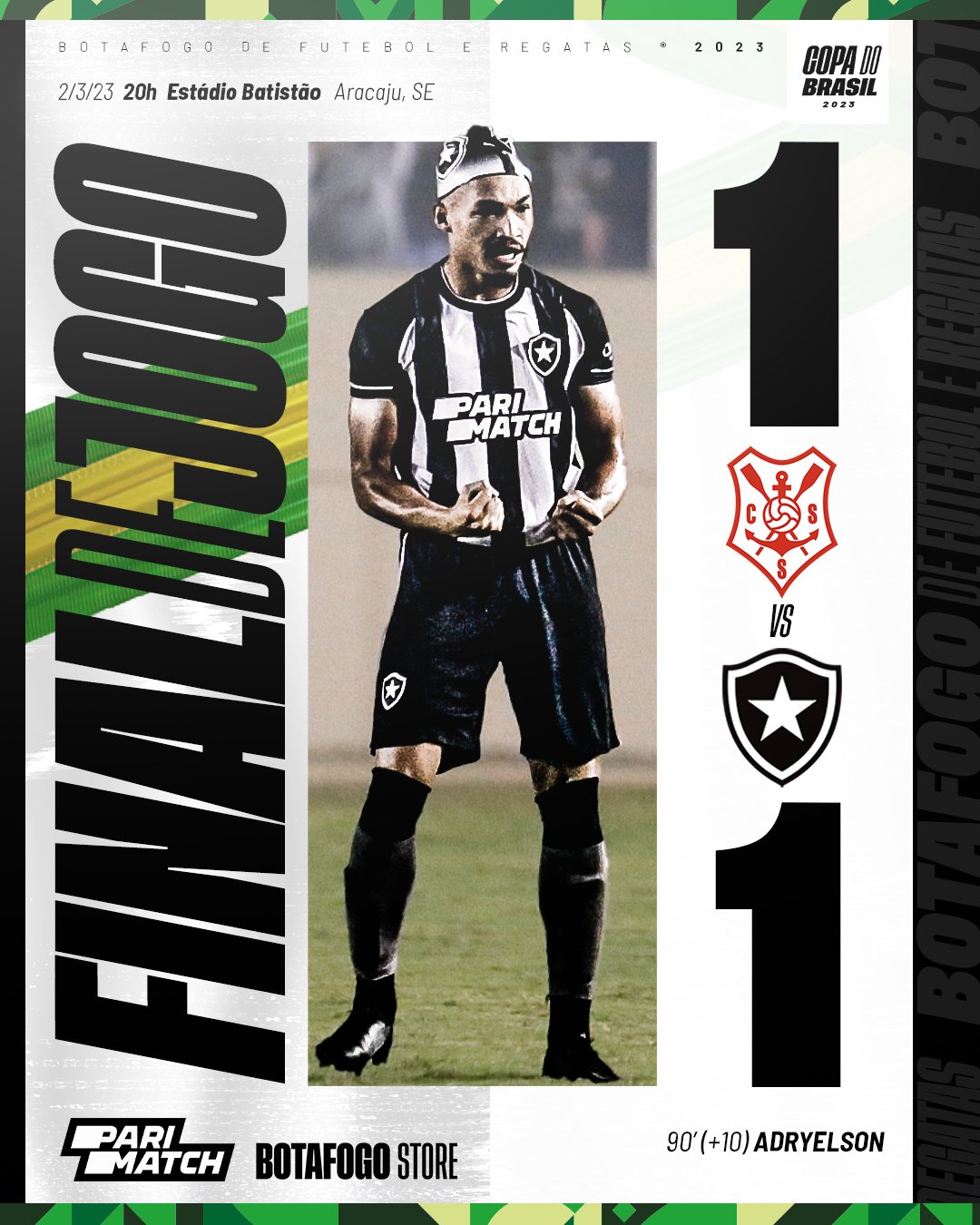 Botafogo F.R. on X: Fim de jogo! 🔥 Com gol de Adryelson nos acréscimos,  Botafogo empata com o Sergipe em 1 a 1 e avança na Copa do Brasil.  #VamosBOTAFOGO  /