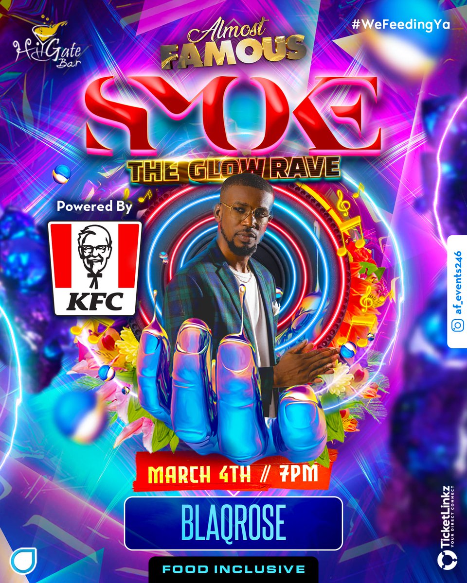 Glowing ✔️ Food✔️
Drinks✔️More Vibes ✔️

Welcome Blaqrose Supreme 🎵 to the entertainment lineup for "SMOKE" The Glow Rave

Powered by <a href="/kfcbarbados/">KFC Barbados</a>

Tier 2 $120 tickets 🎟️🎫 are still available from our box offices.