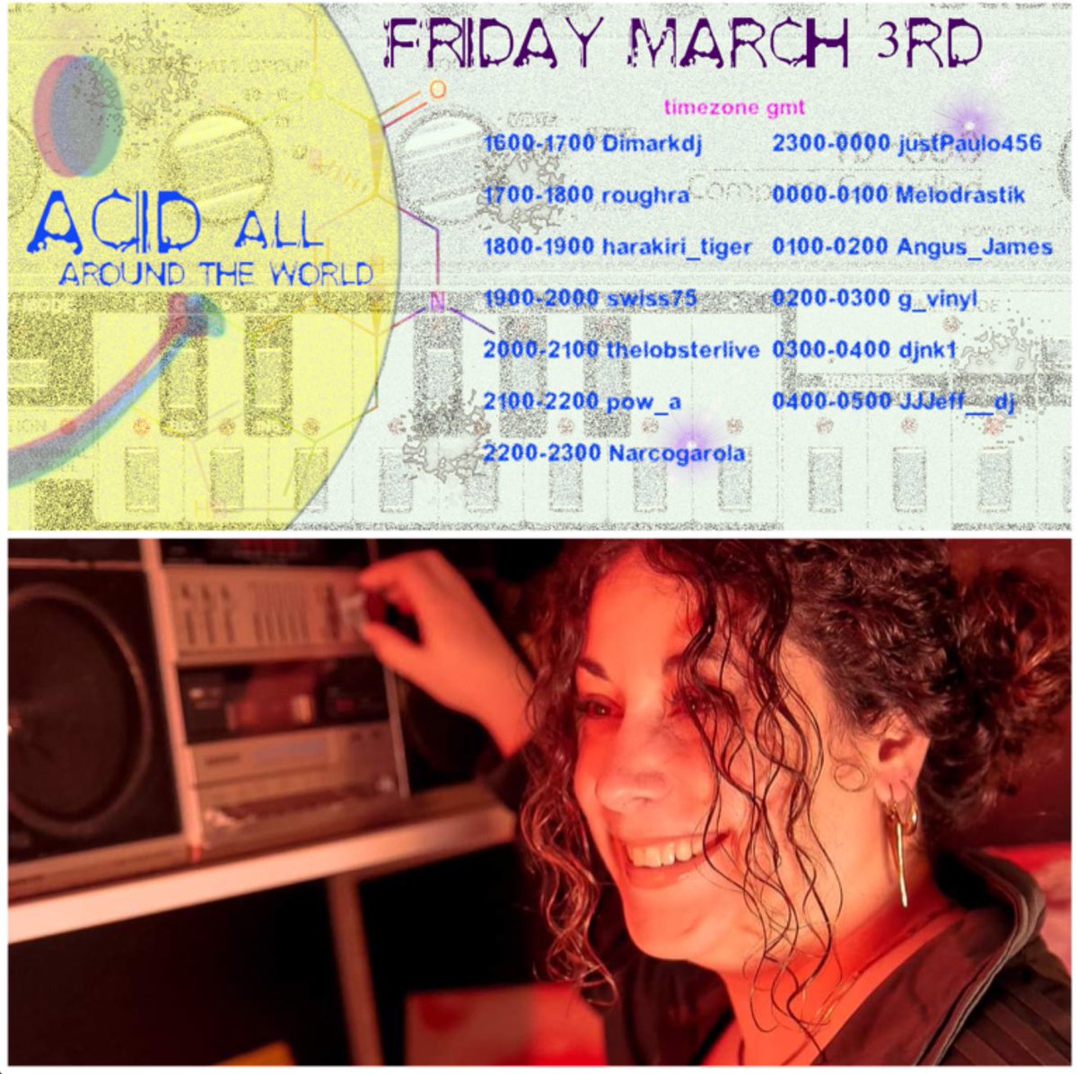 Melodrastik's tweet photo. Tomorrow, it’s 3_03 day, so we prepared an all « Acid around the world » raid train with some amazing djs!

I’m preparing an hour of pure 303 #acid #electro #breaks set for this one, time on the flyer is GMT, but you can catch me at 19h00 EST time for us North Americans. https://t.co/PbfGpIb9dp